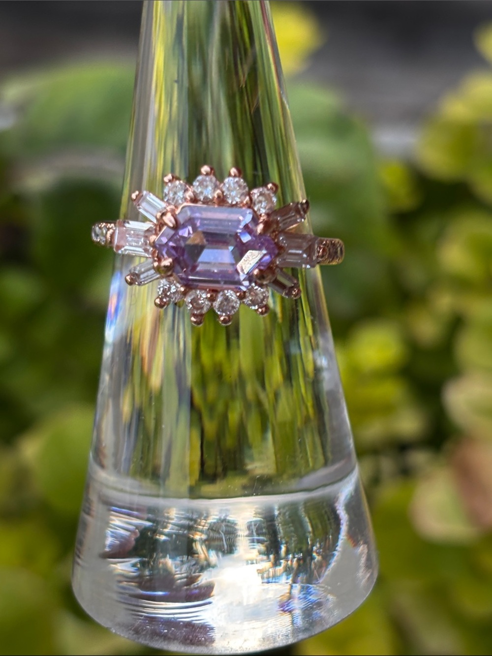New without tags! Rose Gold Purple Cubic Halo Ring with Baguette Accents